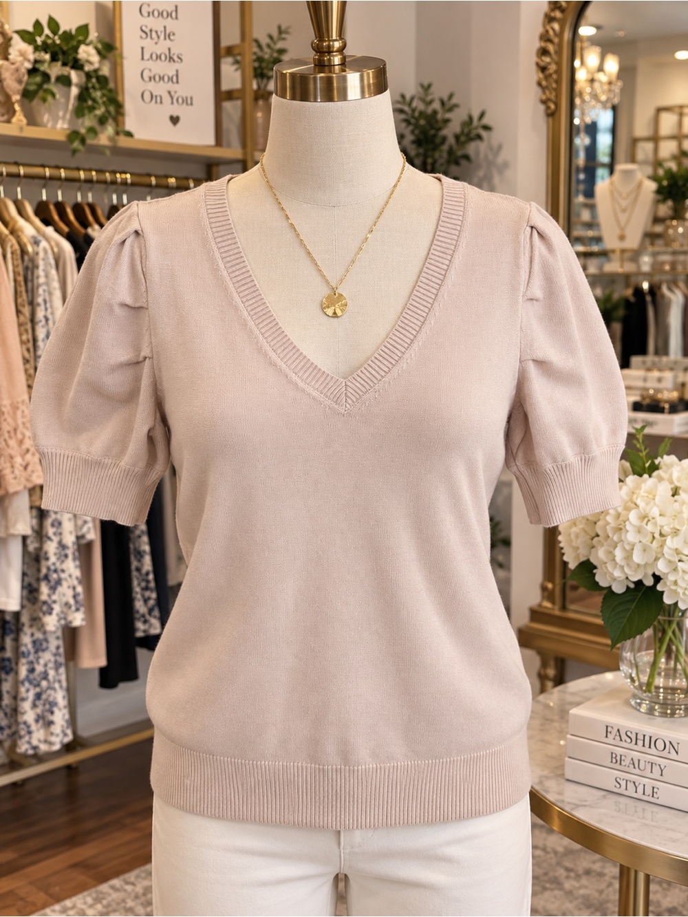 Women's V-Neck Puff Sleeve Sweater - Soft Blush